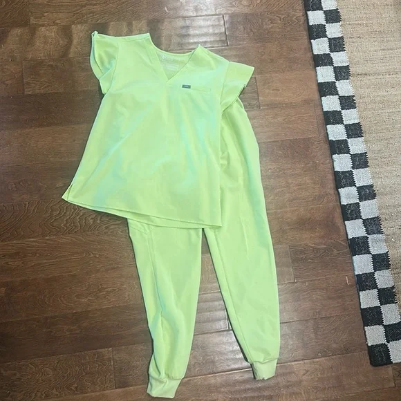 Figs Scrub Set EUC! Sea-Mist medium ruffle top and medium tall joggers! - Picture 1 of 8